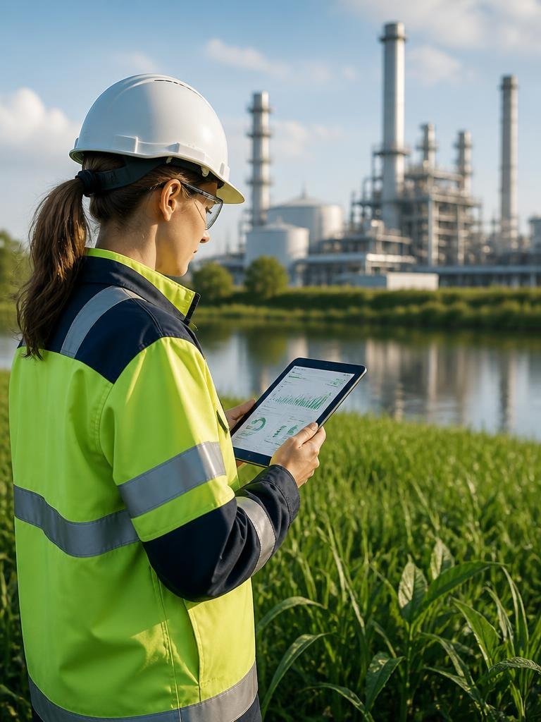Engenheira ambiental inspecionando área verde próxima a planta industrial